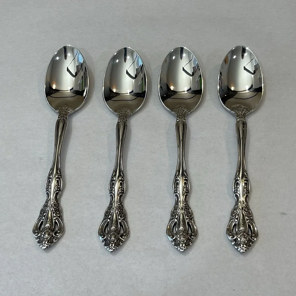 Set 4 Oneida Michelangelo Oval Teaspoons Cube Mark Stainless Ornate Flatware 6